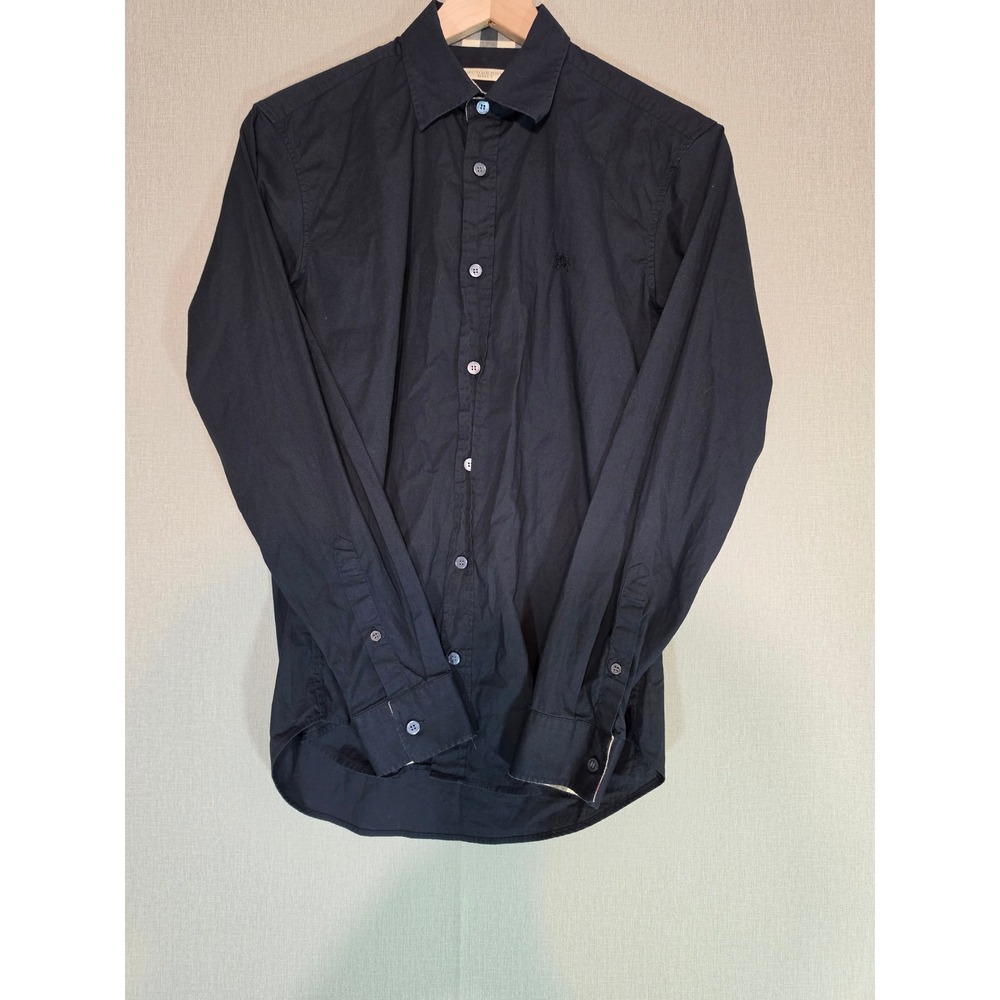 Burberry Brit Mens Black Long Sleeve Button Down Shirt Nova Check Trim Small